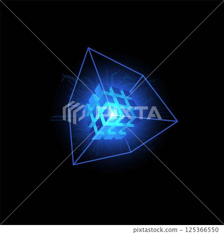 Energy blocks with integrated circuits vector design, shiny blue neon cube from square grid, digital cyber matrix box 125366550