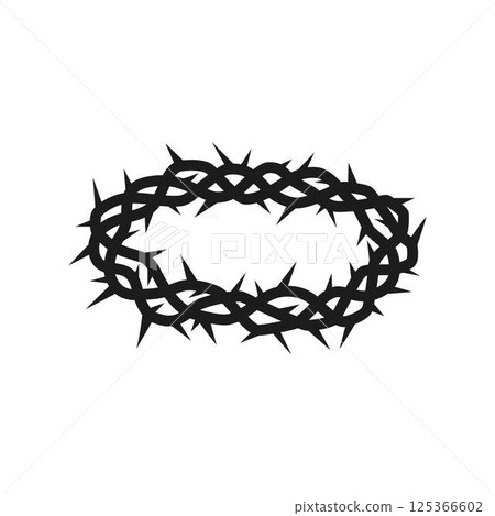 Barbwires wreath, thorny round black frame, barb twisted lines silhouette, torn stems, vector gothic design element 125366602
