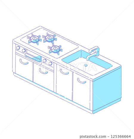 Illustration of a kitchen with a three-burner stove Illustration of a kitchen with a three-burner stove 125366664