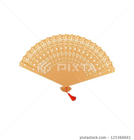 Vintage Japanese and Chinese bamboo hand fan decorated engraved ornament and red braid flat vector icon, Asian uchiwa 125366681