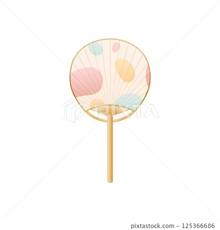 Vintage Japanese and Chinese hand fan decorated rounded pattern flat vector icon, bamboo and paper accessory air cooling 125366686