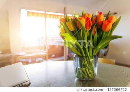 Beautiful fresh multicolored tulips bouquet glass vase on table closed laptop warm sunset sun lights against balcony window cozy home interior. Blooming flowers decoration  living room provence style 125366712