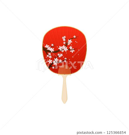 Vintage Japanese and Chinese hand fan decorated Sakura flowers flat vector icon, red paper accessory for air cooling Vintage Japanese and Chinese hand fan decorated Sakura flowers flat vector icon, red paper accessory for air cooling 125366854