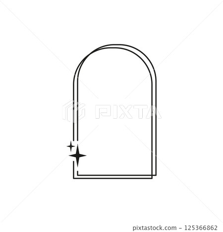 Y2K aesthetic line arch border, vector black double linear rounded rectangle frame with sparkle stars Boho style art 125366862