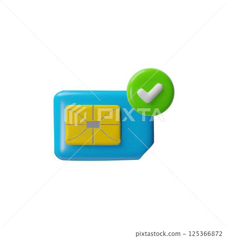 3D vector illustration of mobile phone SIM card with round green check mark icon. 125366872