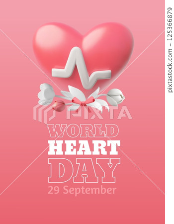 World heart day, 29 September, vector healthcare awareness 3D poster, volume heart shape with flowers and pulse sign World heart day, 29 September, vector healthcare awareness 3D poster, volume heart shape with flowers and pulse sign 125366879