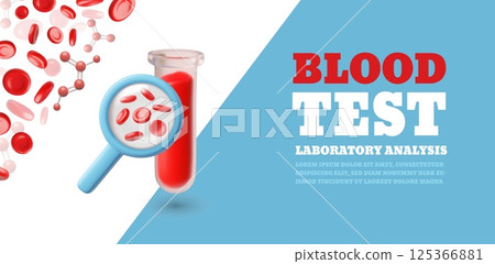 Blood tube testing magnifying glass laboratory analysis, vector render 3D banner design, medical diagnostic healthcare Blood tube testing magnifying glass laboratory analysis, vector render 3D banner design, medical diagnostic healthcare 125366881