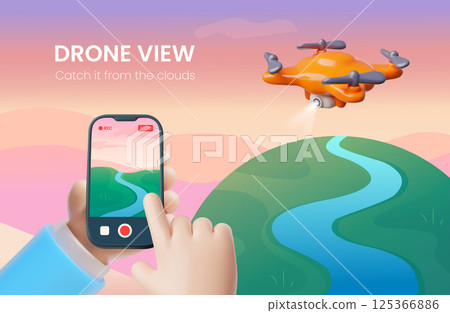 Drone with camera, hand holding smartphone with view from quadcopter cam, aerial photo, video shooting 3D vector banner 125366886