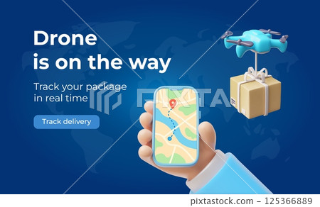 Drone with parcel on the way, hand holding smartphone with map, track delivery service in real time 3D vector banner Drone with parcel on the way, hand holding smartphone with map, track delivery service in real time 3D vector banner 125366889