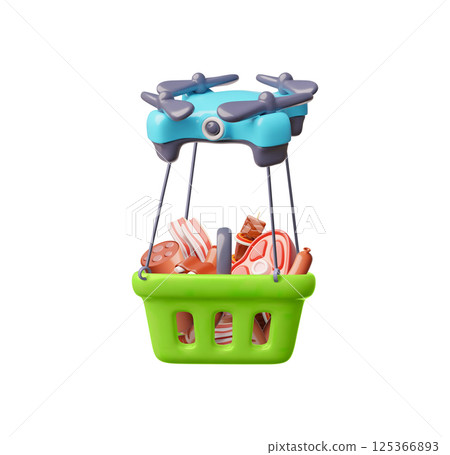 Drone express food delivery service, shopping basket with sausages, meat, bacon and ribs 3D style vector illustration 125366893