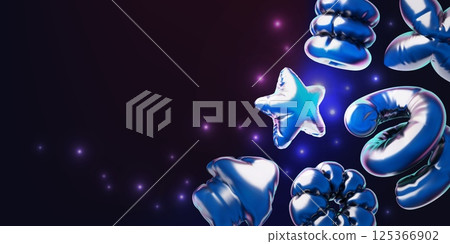 Realistic 3D inflated balloons with sparkles on dark background, glossy foil metallic surface air figures various shapes Realistic 3D inflated balloons with sparkles on dark background, glossy foil metallic surface air figures various shapes 125366902