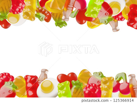 Chewy jelly gummy candies 3D vector frame, heart, bear, coca cola, scrambled egg, fruit and berries flavors and shapes Chewy jelly gummy candies 3D vector frame, heart, bear, coca cola, scrambled egg, fruit and berries flavors and shapes 125366914
