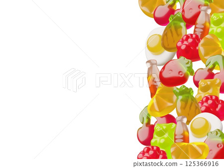 3D vector poster with side border made of gummy candies in different shapes. 125366916