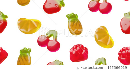 3D vector jelly candies of different fruit shapes in seamless wallpaper. 3D vector jelly candies of different fruit shapes in seamless wallpaper. 125366919