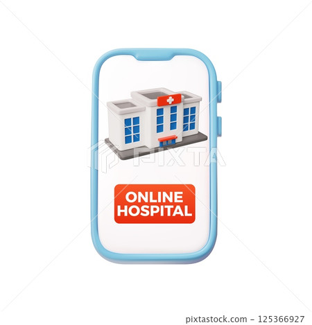 Online hospital promotion 3D vector design, hospital building on smartphone screen, health care service digital medicine 125366927