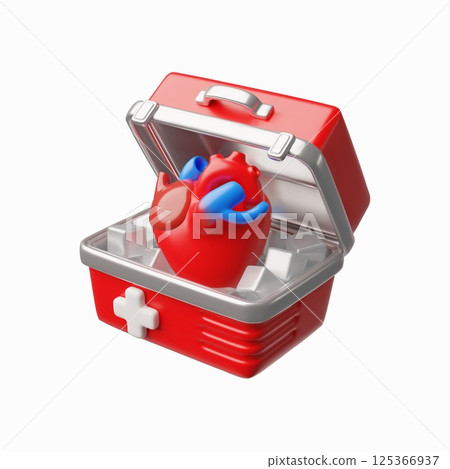 3D realistic human heart in red medical box with ice, internal organ delivery for transplant surgery, vector cardiology 3D realistic human heart in red medical box with ice, internal organ delivery for transplant surgery, vector cardiology 125366937