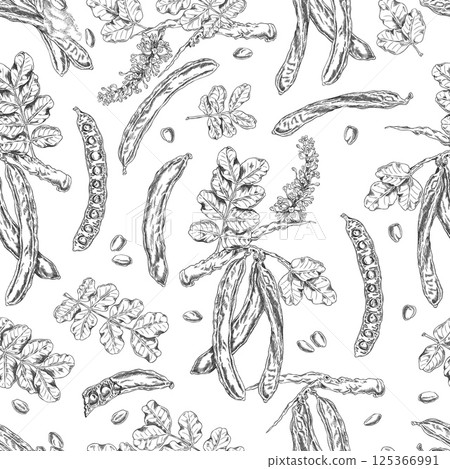 Carob tree bean pods with seeds, leaves and flowers sketch vector seamless pattern design, hand drawn engraved superfood 125366991