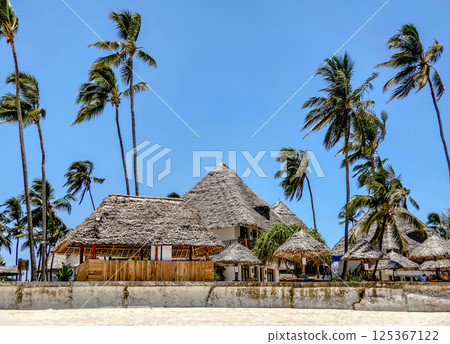 By the ocean, tall palm trees and bungalows with cane roofs set against a beautiful blue sky. Tourism and recreation concept. 125367122