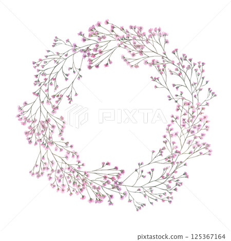 Watercolor intertwining pink gypsophila branches wreath isolated background. Hand painted baby breath flowers illustration with empty space for text. For stationery, spa decor, gift packaging. 125367164