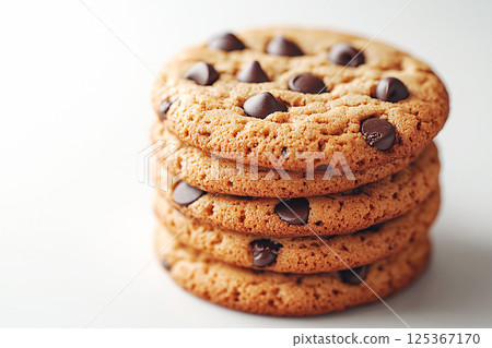Towering stack of chocolate chip cookies with a white background, showcasing a playful and appetizing visual. 125367170