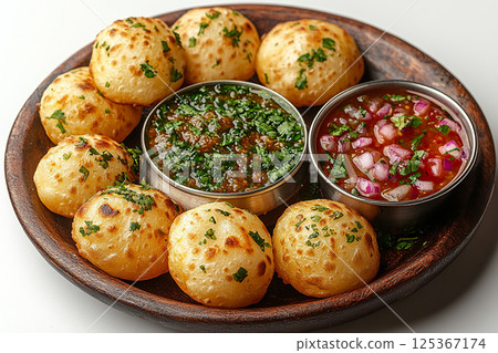 Indian Tiffin lunch box. Traditional Indian stainless steel plate with panipuri and tamarind broth nearby. 125367174