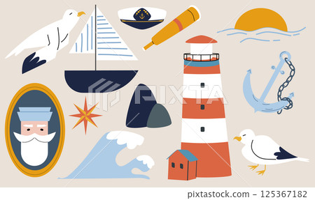 Nautical romantic elements. Marine stickers. Life buoy, steering wheel, anchor and seagull, lighthouse. 125367182