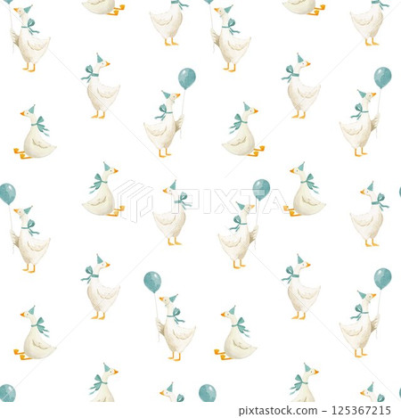 Cute goose pattern for boys, featuring funny geese in festive hats holding balloons. This playful design, set against a watercolor background, is perfect for kids' textiles and nursery decor. Cute goose pattern for boys, featuring funny geese in festive hats holding balloons. This playful design, set against a watercolor background, is perfect for kids' textiles and nursery decor. 125367215