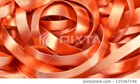 Pile of scrap copper strips, close up shot of copper shavings. Ideal for use in contexts related to raw material sourcing, industrial recycling, manufacturing, and sustainable metal reuse 125367248