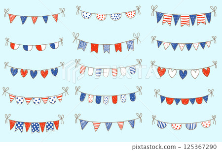 Cute doodle buntings in blue and red colors for nautical decor or fourth of july designs Cute doodle buntings in blue and red colors for nautical decor or fourth of july designs 125367290