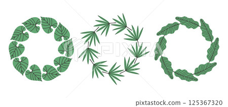 Simple tropical leaves circle frame set. Bright illustration for card, invitation card for wedding, birthday and other holiday 125367320