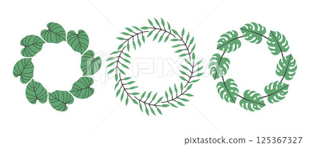 Simple tropical leaves circle frame set. Bright illustration for card, invitation card for wedding, birthday and other holiday Simple tropical leaves circle frame set. Bright illustration for card, invitation card for wedding, birthday and other holiday 125367327