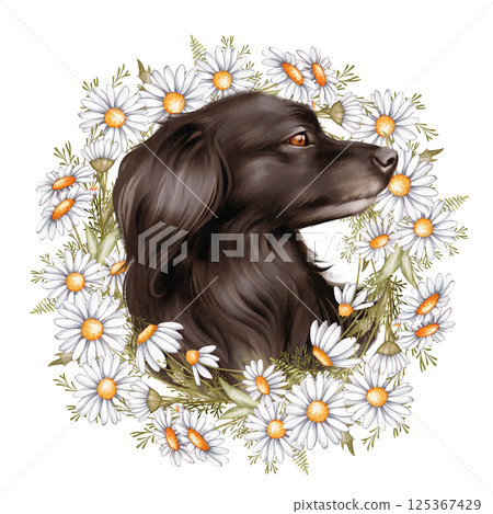 Illustration of a black dog surrounded by a wreath of daisies Illustration of a black dog surrounded by a wreath of daisies 125367429