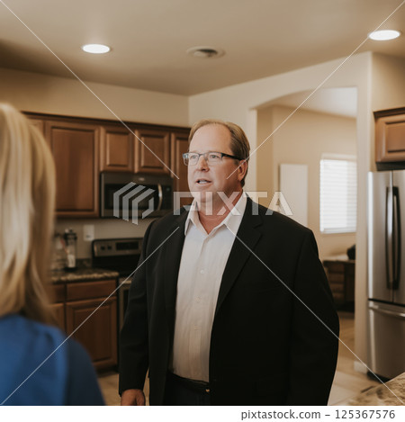 Realtor showing house to potential buyer in kitchen Realtor showing house to potential buyer in kitchen 125367576