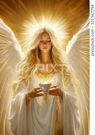 A woman with long blonde hair is holding a cup in her hand 125367794