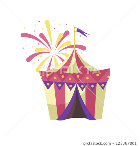 Circus tent with flag in flat design. Amusement park marquee for show. Vector illustration isolated. 125367801