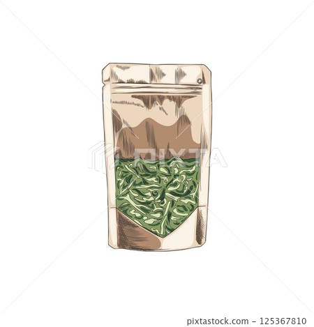 Moringa oleifera cut drumstick, pods and leaves in bag sketch vector icon, Asian superfood product in package, seasoning 125367810
