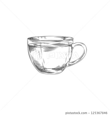 Vector illustration of black and white sketch of glass mug with liquid inside. 125367846