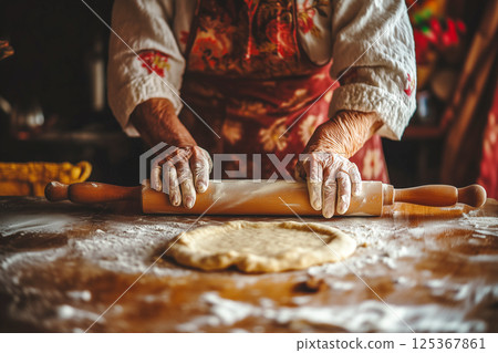 An older woman is making a pizza dough on a wooden table An older woman is making a pizza dough on a wooden table 125367861