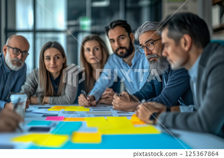 A group of people are sitting around a table with a lot of papers 125367864