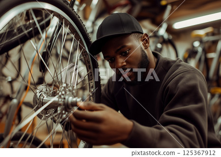A man is fixing a bicycle tire 125367912