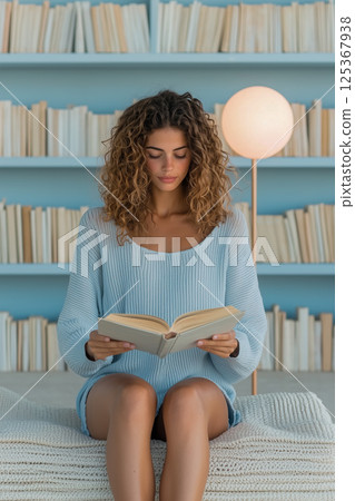 A woman is sitting on a couch reading a book A woman is sitting on a couch reading a book 125367938