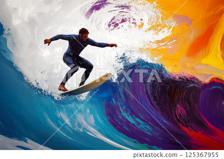 A man is surfing on a wave in the ocean A man is surfing on a wave in the ocean 125367955