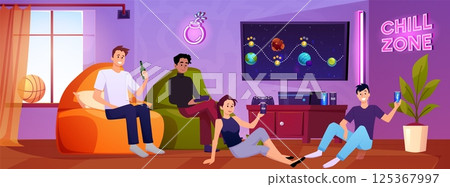 Teenagers drinking drinks in gamer room, video games console and armchairs, Chill zone signboard vector illustration 125367997