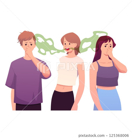 Woman bed smell breathing, people cover nose with hand, smelly mouth health oral care problems vector flat illustration Woman bed smell breathing, people cover nose with hand, smelly mouth health oral care problems vector flat illustration 125368006