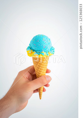 A hand holding a blue and yellow ice cream cone 125368033