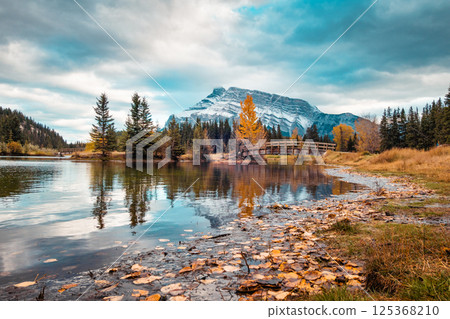 Mount Rundle reflecting in Cascade Ponds during autumn in Banff national park, Canada 125368210