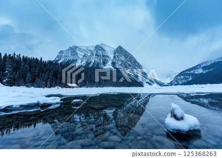 Scenic winter landscape of snow covered Lake Louise with mountain at Banff national park Scenic winter landscape of snow covered Lake Louise with mountain at Banff national park 125368263