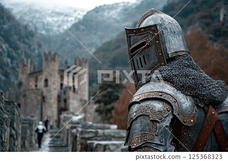 Medieval knight in steel armor against the background of castle walls. A striking knight stands proud before the castle walls, showcasing the artistry of his intricate armor. 125368323