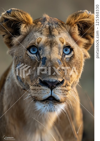 Close-up photo of a blue eyed lioness. In this close-up, the lioness's blue eyes tell a story of survival, beauty, and the wild spirit of the savanna. 125368330