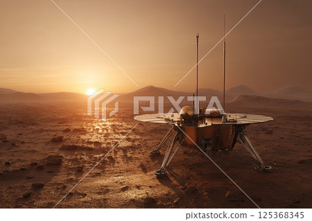 Rover on surface of Mars studies the situation, features of the atmosphere and takes soil samples. Collecting soil samples, the rover aids in unraveling the geological history of Mars. 125368345